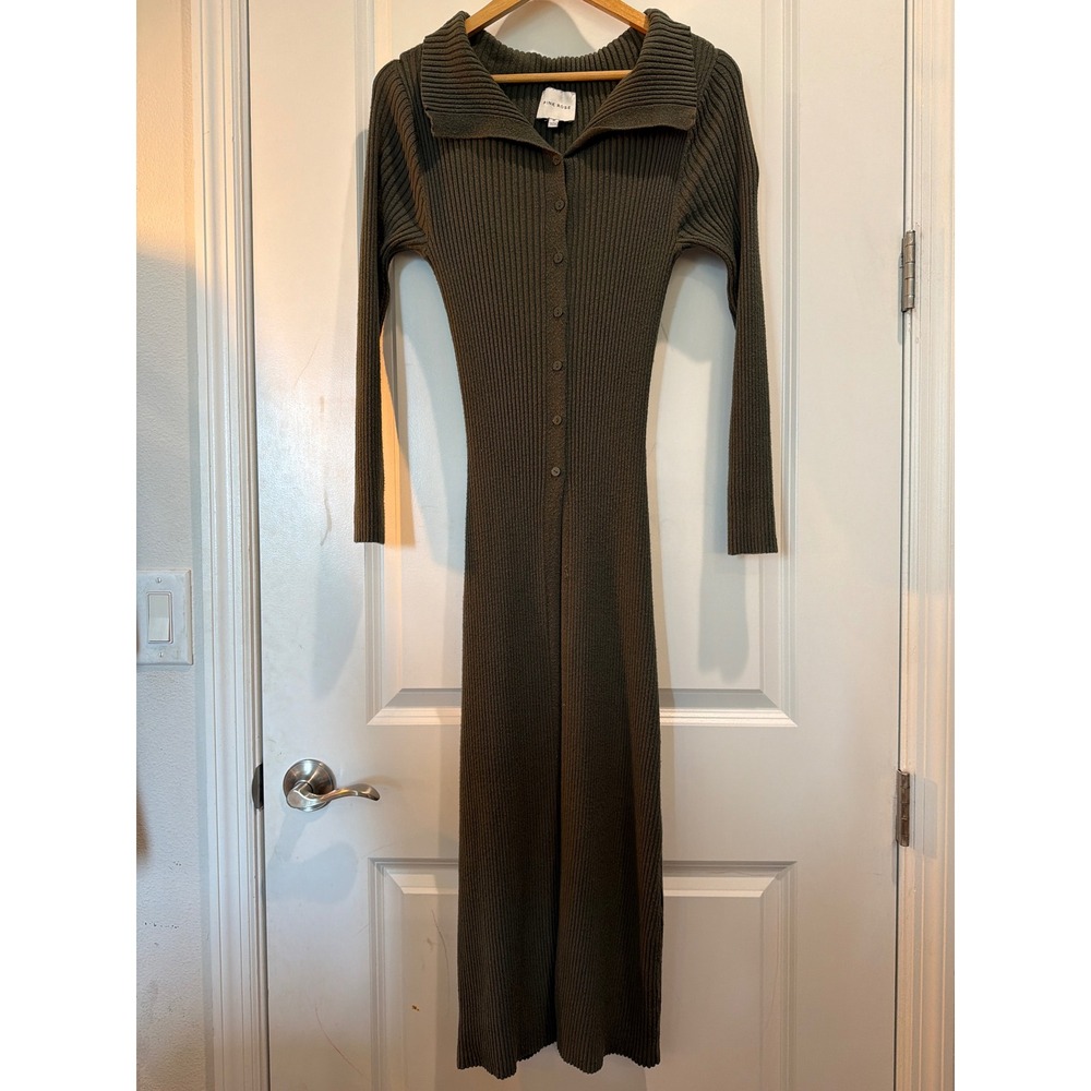 Pink Rose Olive Green Ribbed Knit Long Sleeve Button Front Midi Polo Dress M